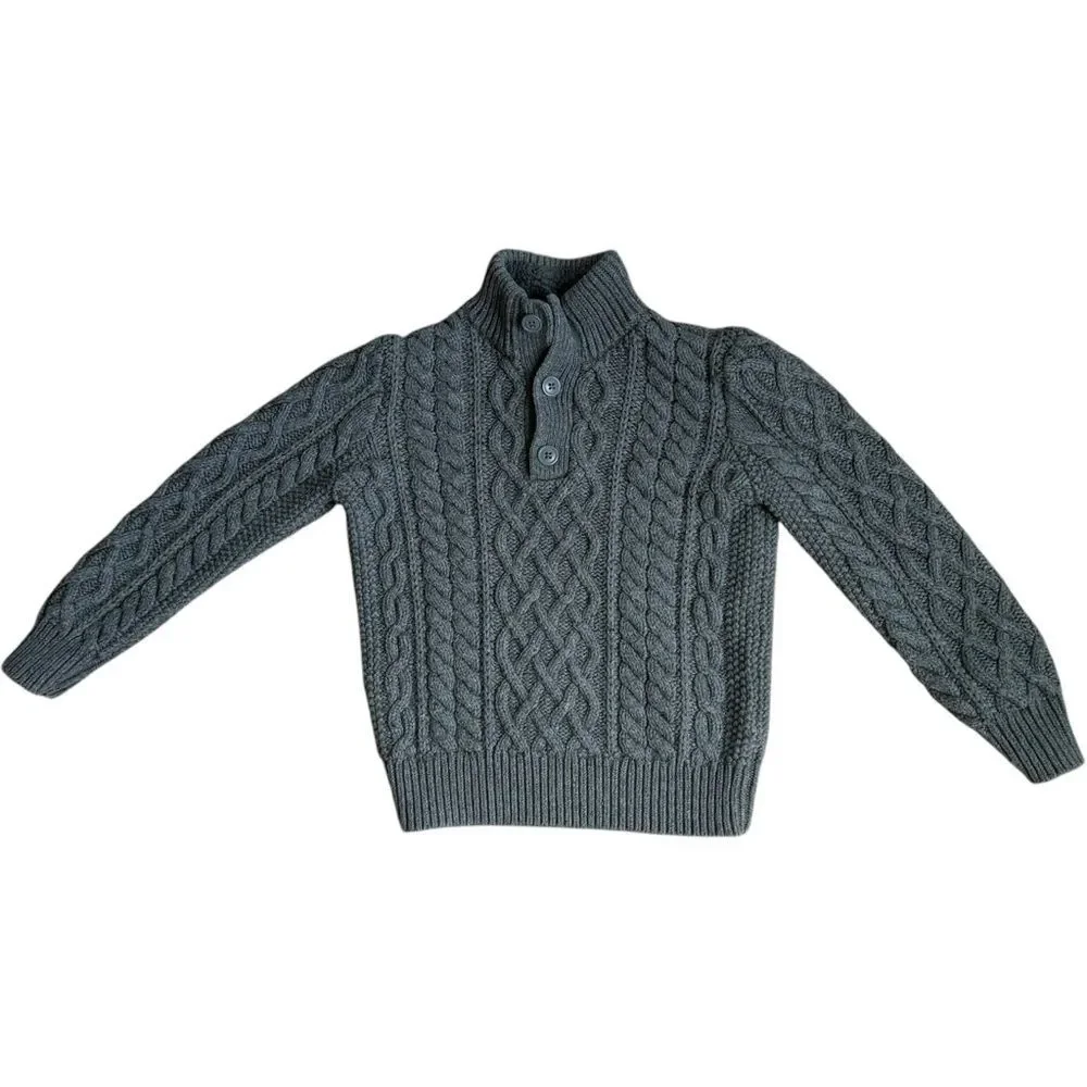 Gap Kids Boys Long Sleeve Mockneck Gray Cable-Knit Button Sweater. Small.